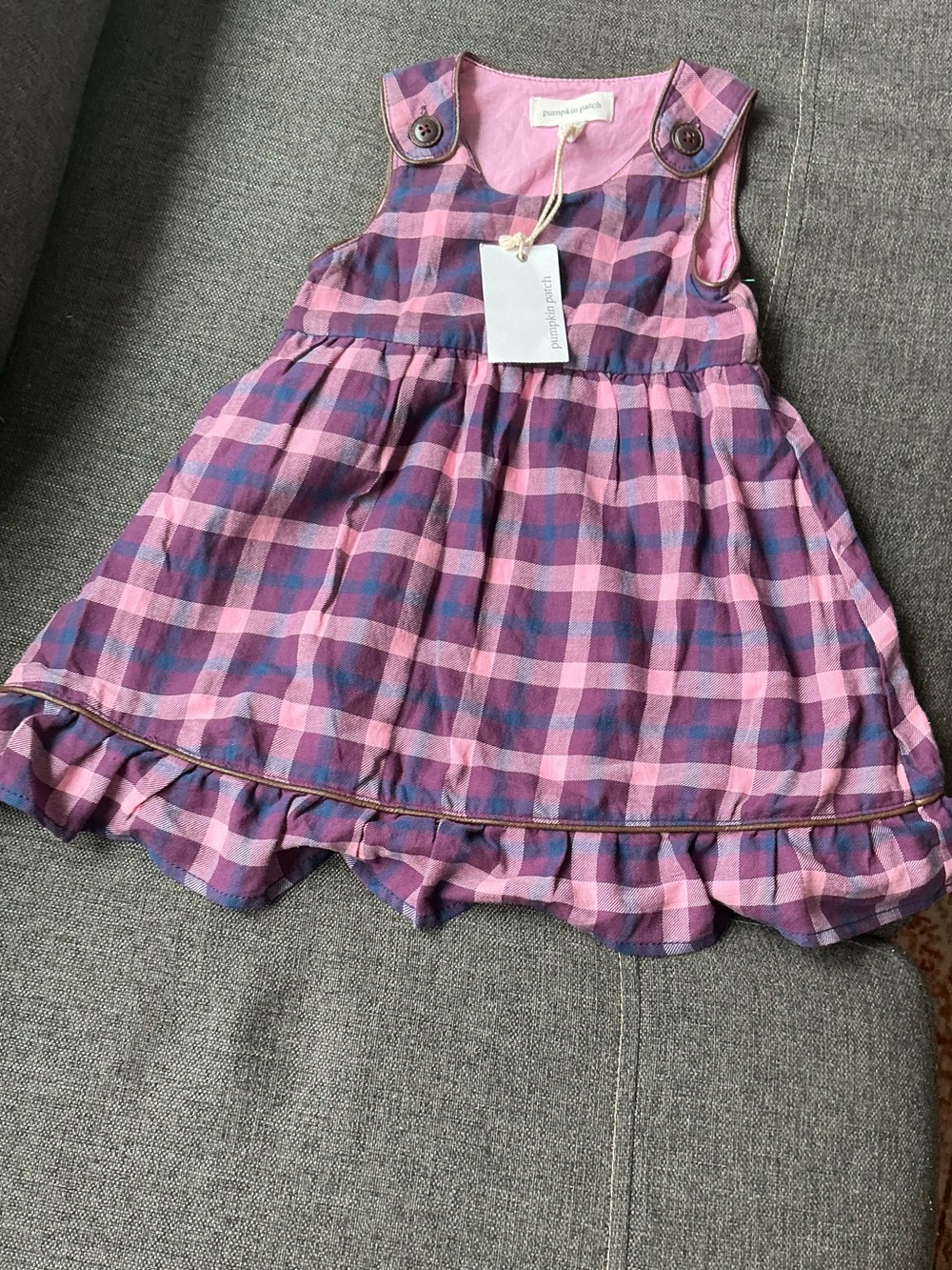 NWT Pumpkin Patch  girls Pink+ Purple Plaid Ruffle Hem Dress 12-18mths fall farm